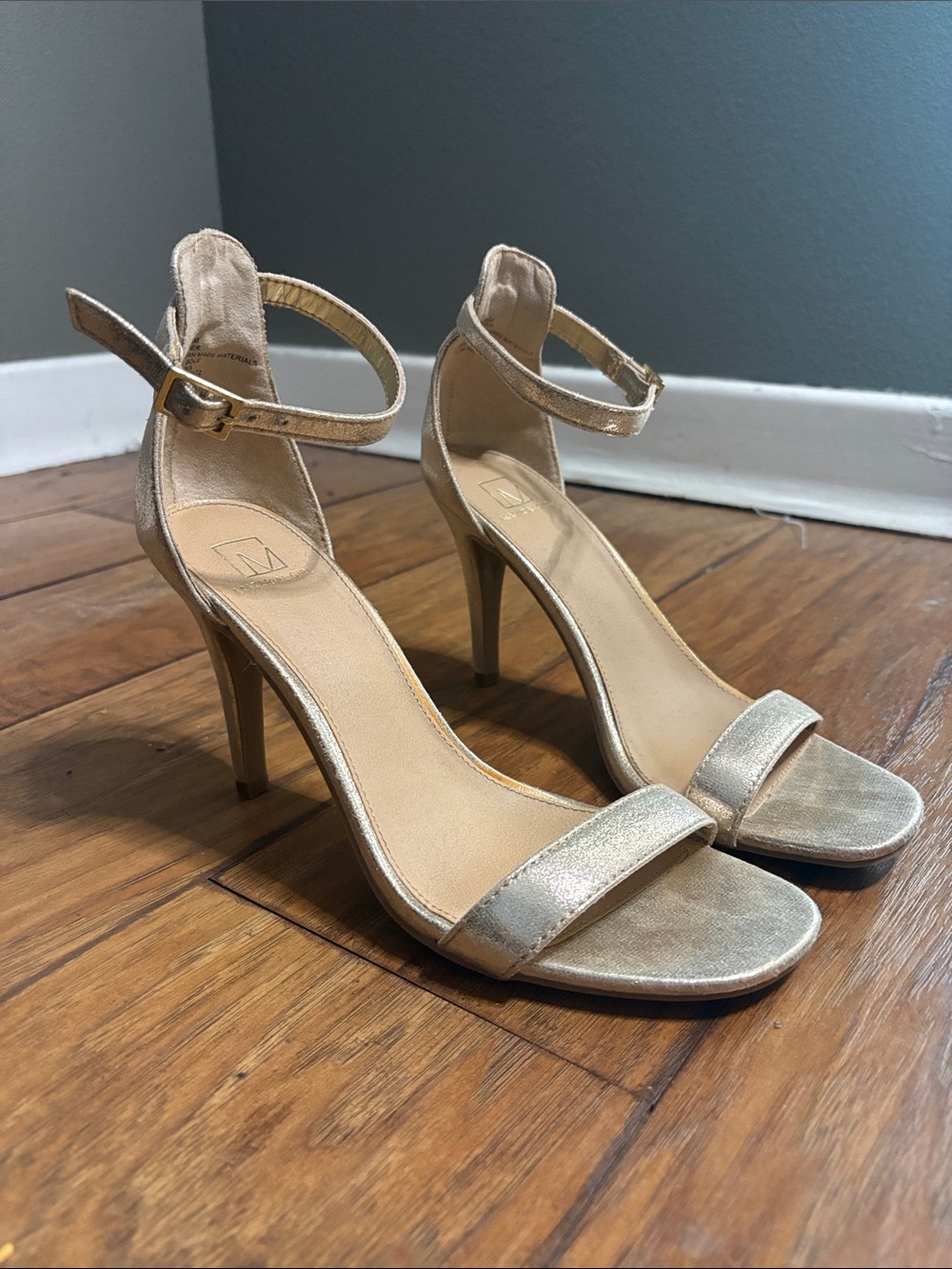 Material Girl Shimmery Gold Ankle-Strap Stilettos